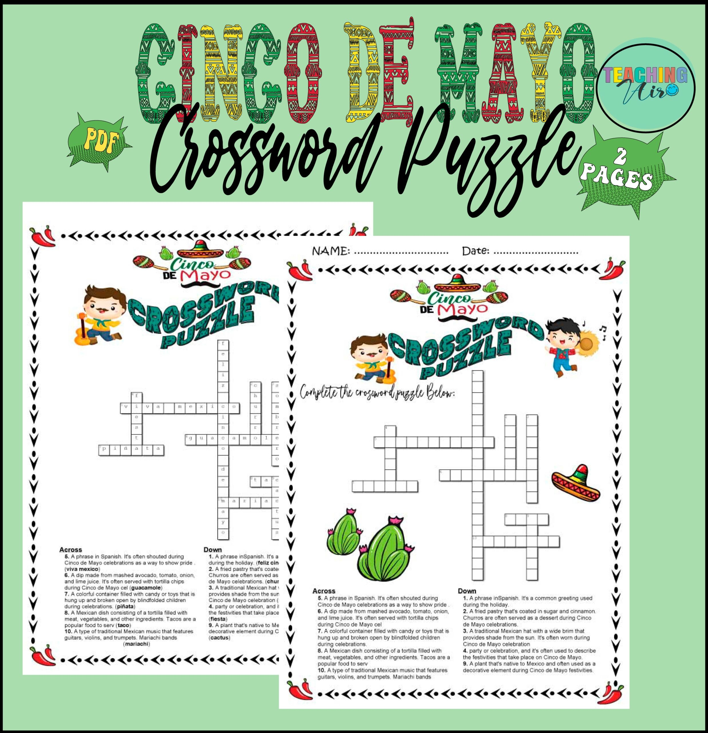 Cinco De Mayo Crossword Puzzle Game Mexican Independance Day 5th 