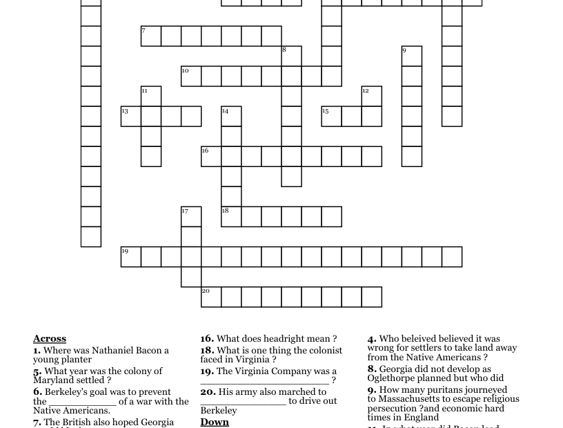 Colonial America Crossword WordMint