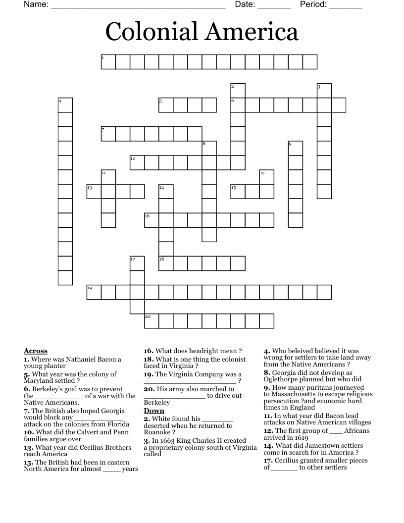 Colonial America Crossword WordMint