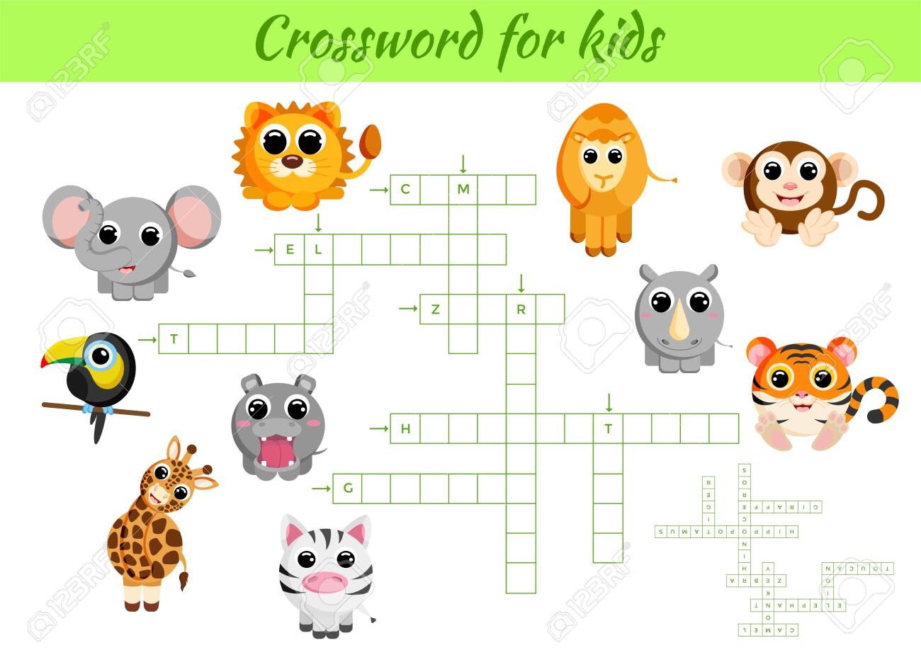 Crosswords Game Of Animals For Children With Pictures Kids Activity Worksheet Colorful Printable Version Educational Game For Study English Words Includes Answers Flat Vector Stock Illustration Royalty Free SVG Cliparts Vectors And