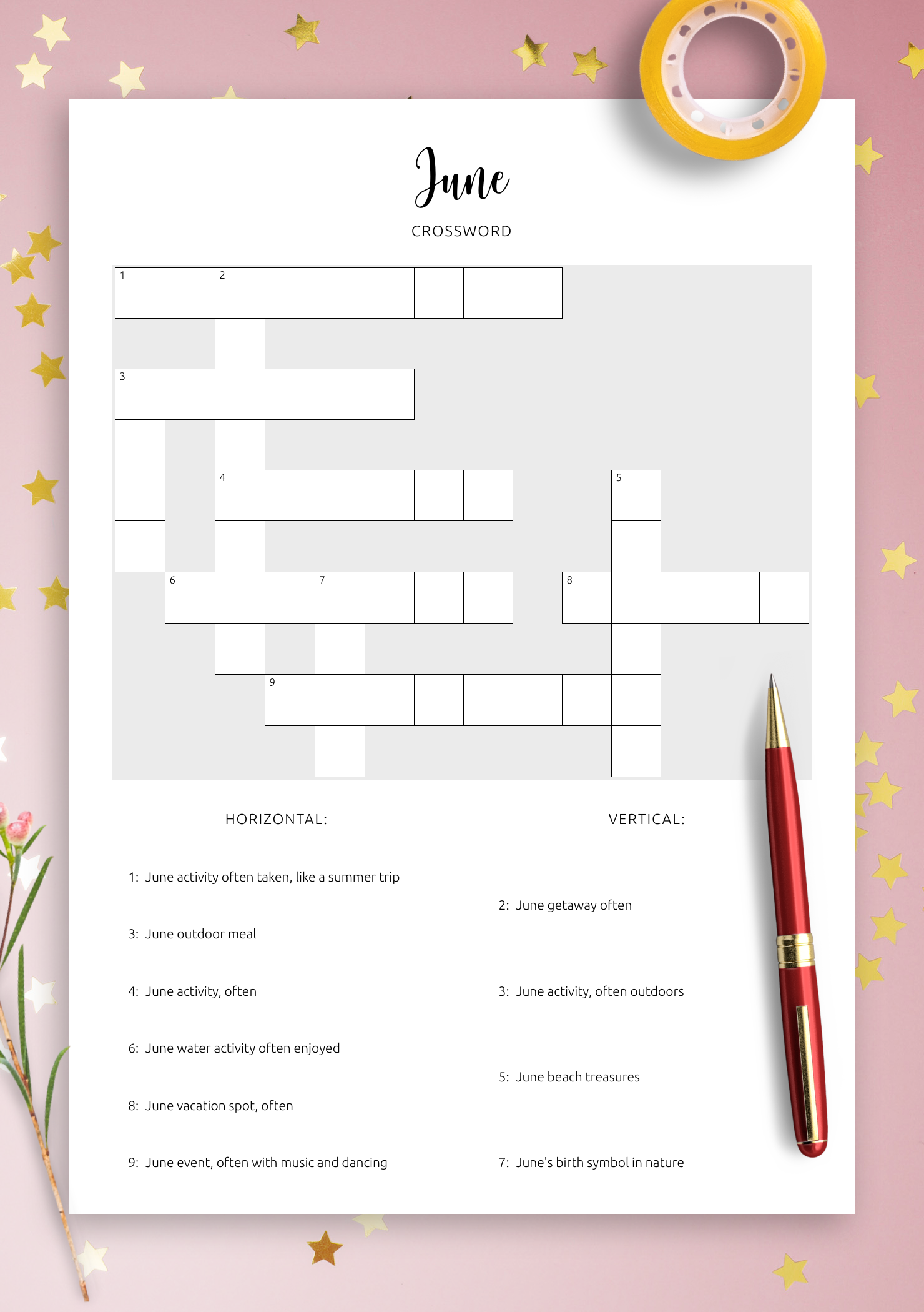 Download Printable June Crossword PDF Puzzle Summertime 