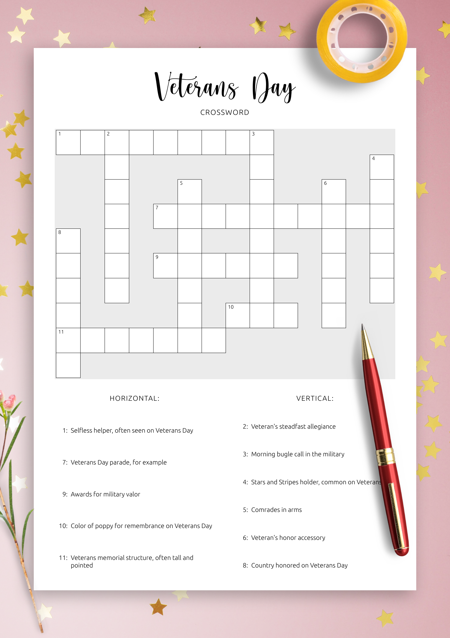 Download Printable Veterans Day Crossword PDF Puzzle Salute To 