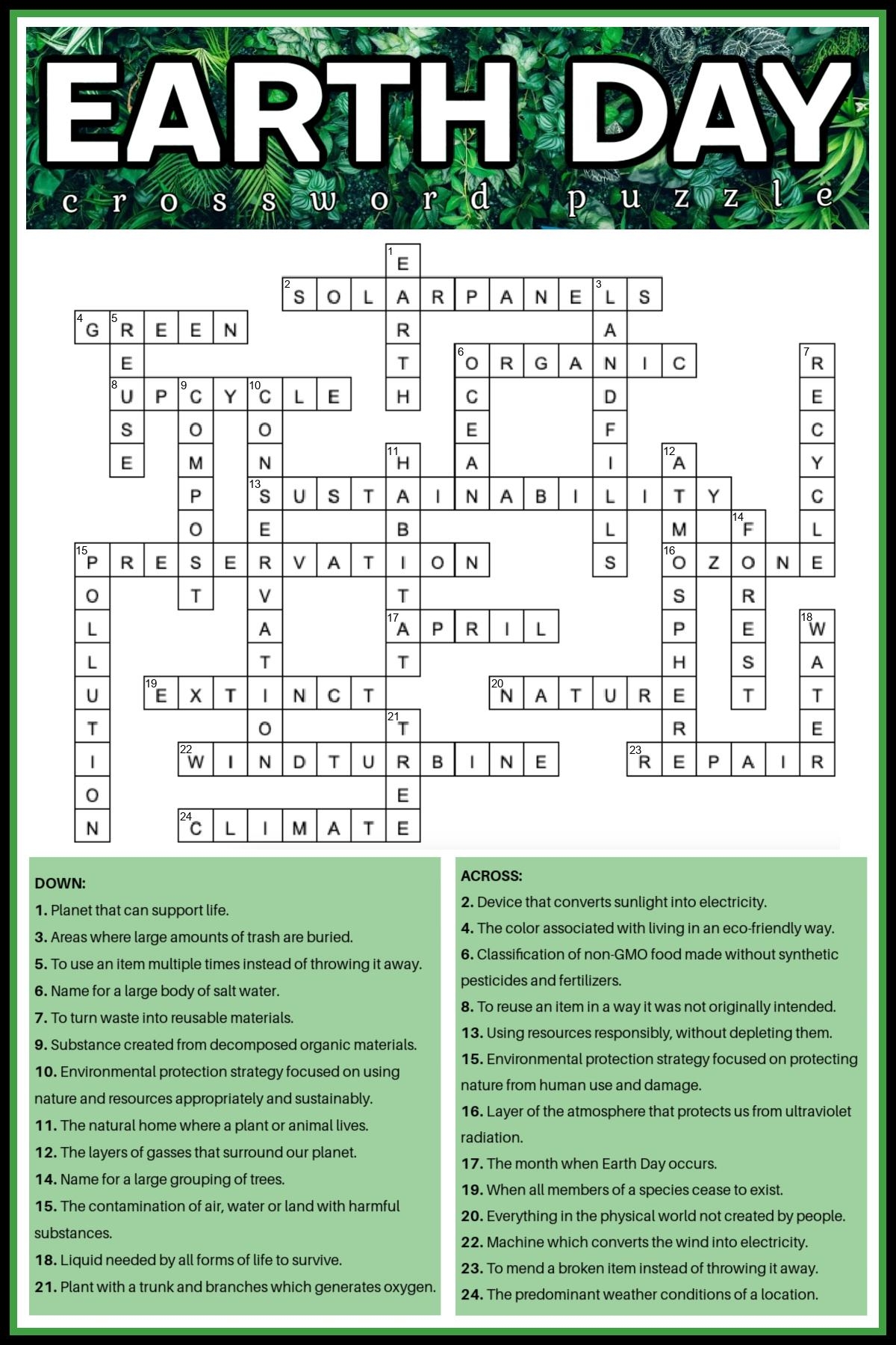 Earth Day Crossword Puzzle Free Earth Day Printable U0026 Answers