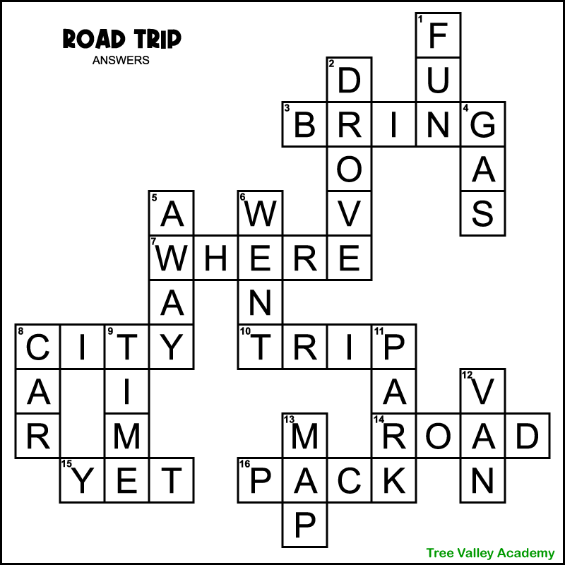 Easy Road Trip Crossword Puzzle For Kids Tree Valley Academy