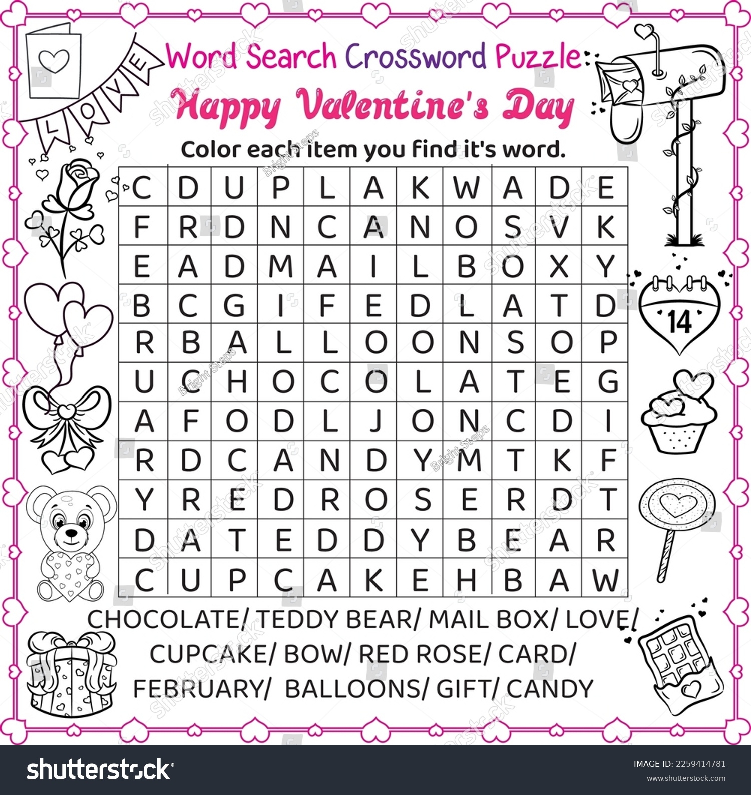 Easy Word Search Crossword Puzzle Valentines Stock Vector Royalty Free 2259414781 Shutterstock