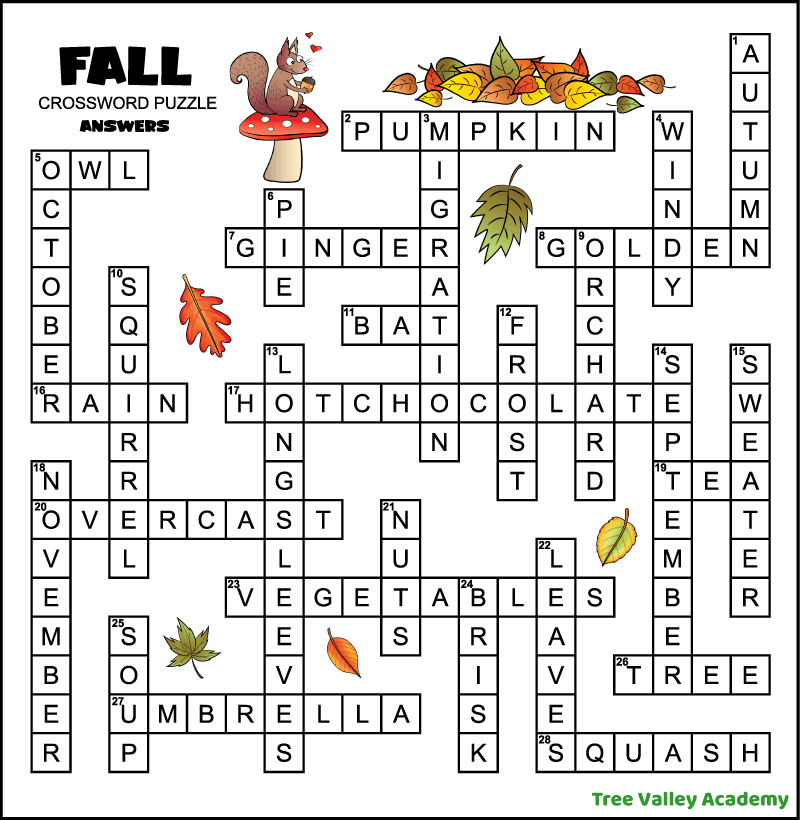 Fall Crossword Puzzle For Middle School Tree Valley Academy
