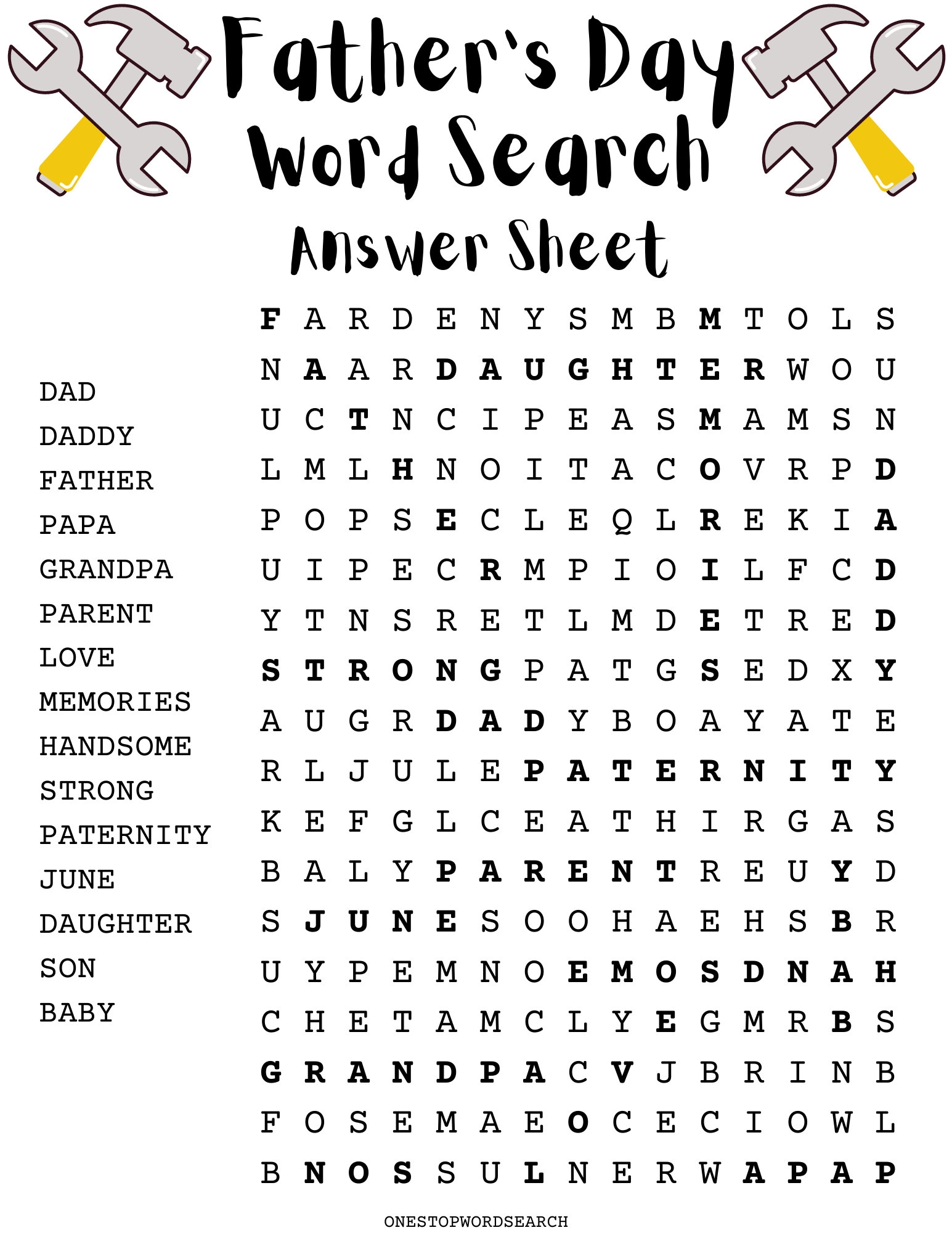 Father s Day Word Search Puzzle With Answer Sheet Holiday Games Holiday Puzzles Family Activities Children s Puzzles