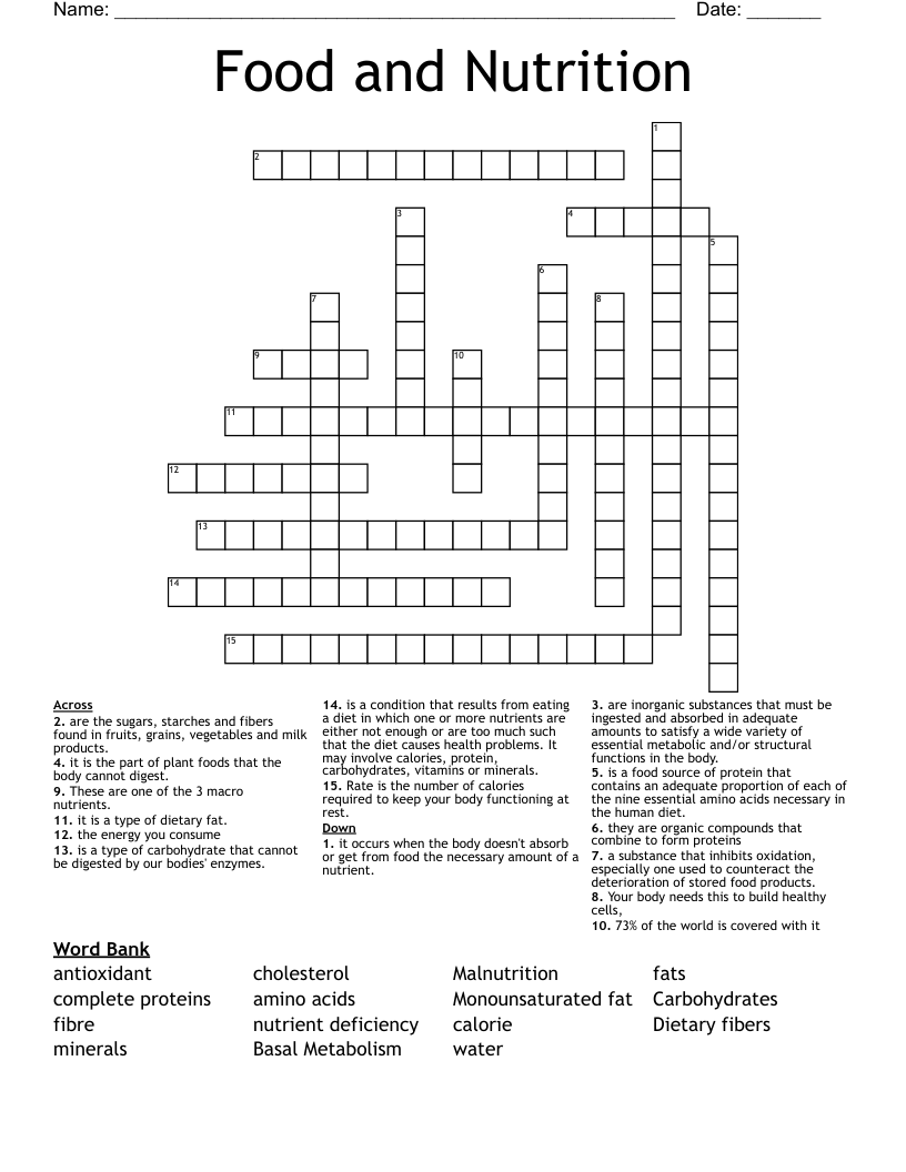 Food And Nutrition Crossword WordMint