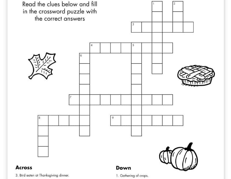 Free Printable Thanksgiving Crossword Puzzle