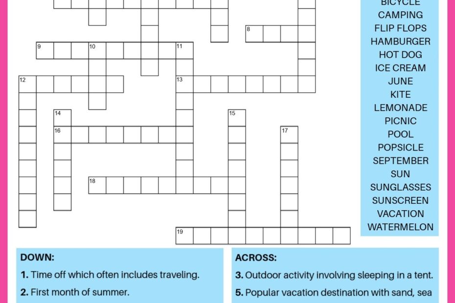 Free Summer Crossword Puzzle 2 Versions Answers Included