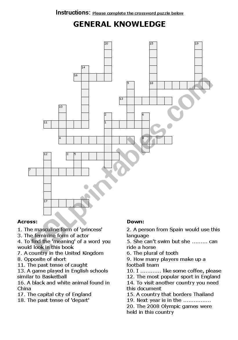 General Knowledge Crossword ESL Worksheet By Cagey007