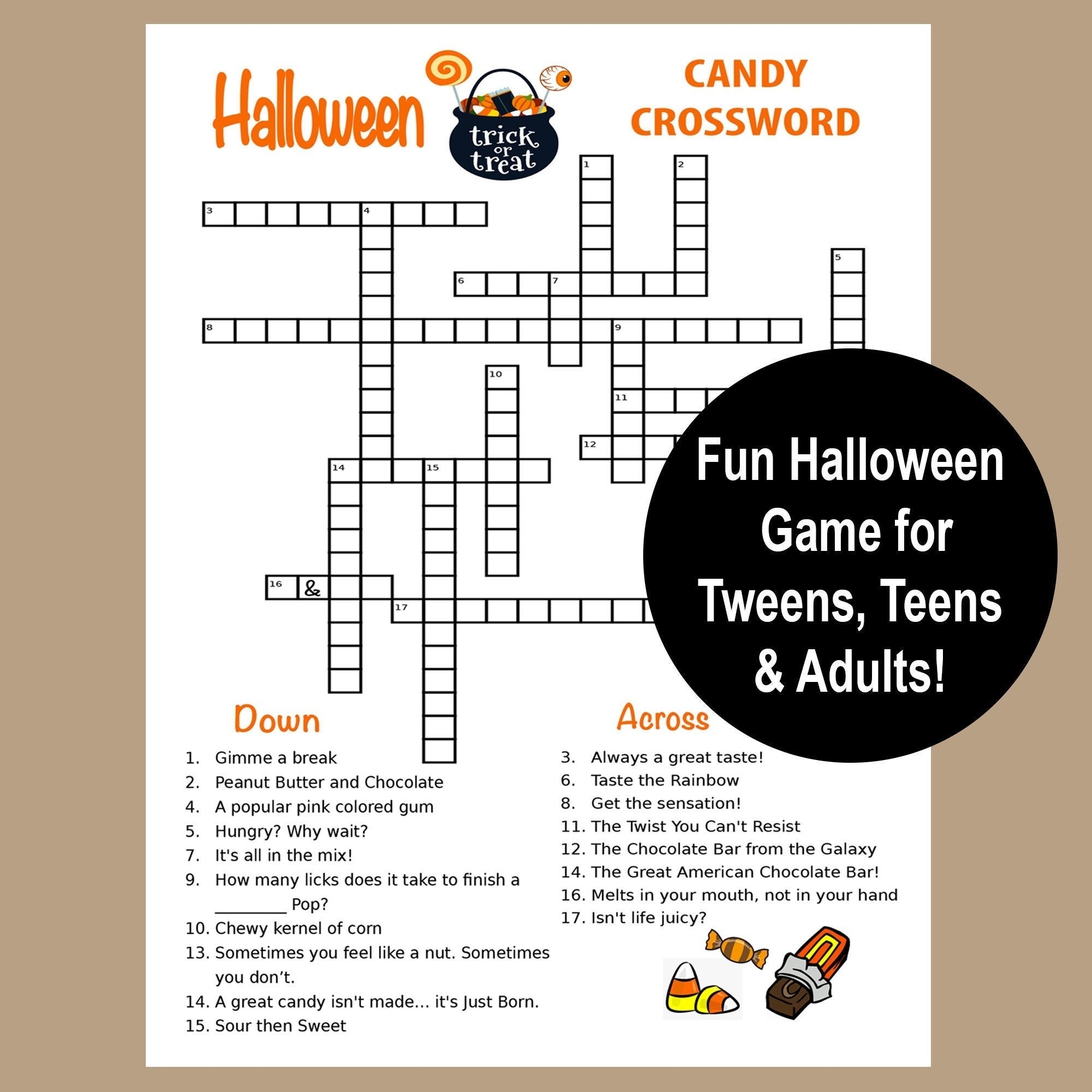Halloween Crossword Puzzle Halloween Tween Teen Adult Game Halloween Party Game Printable Halloween Trivia Game Halloween Candy Game Worksheets Library