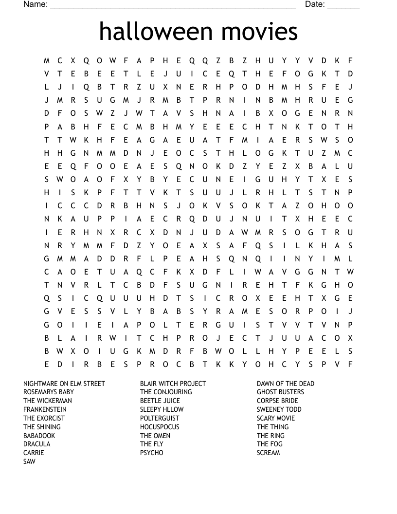 Halloween Movies Word Search WordMint