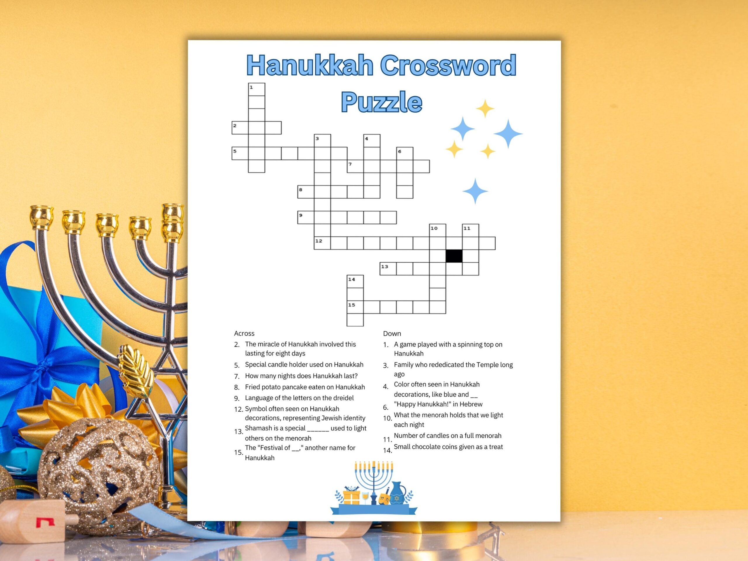 Hanukkah Crossword Puzzle Printable Worksheet Game Kids Adults Seniors Family Worksheet