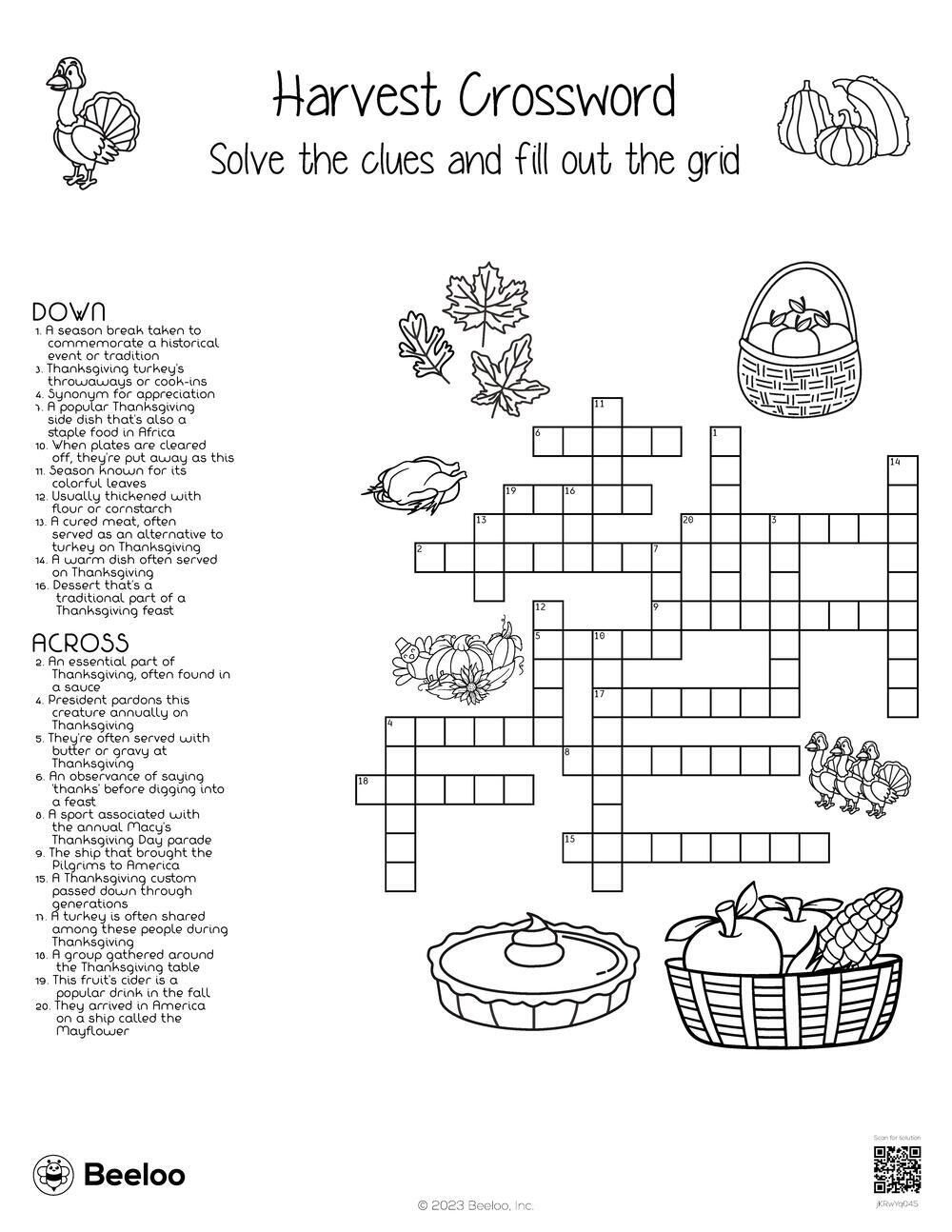 Harvest Crossword Beeloo Printable Crafts And Activities For Kids