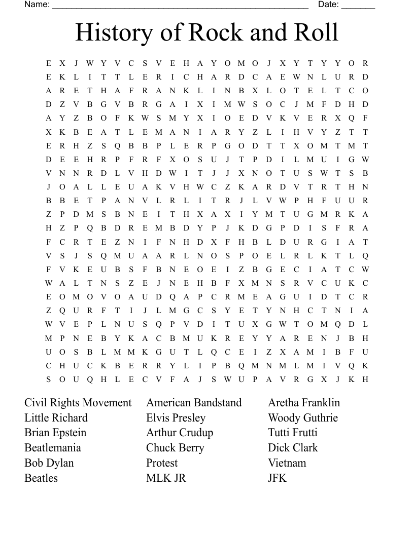 History Of Rock And Roll Word Search WordMint