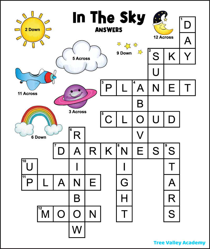 In The Sky Crossword Puzzle For Kids Tree Valley Academy