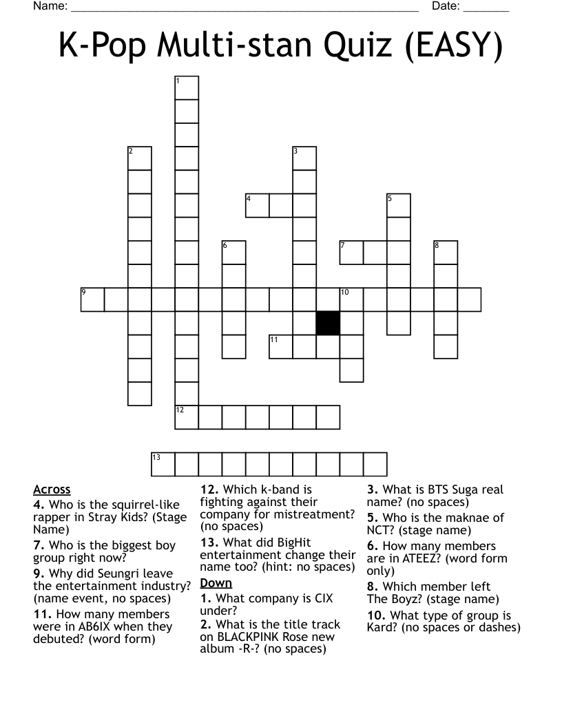 K Pop Multi stan Quiz EASY Crossword WordMint