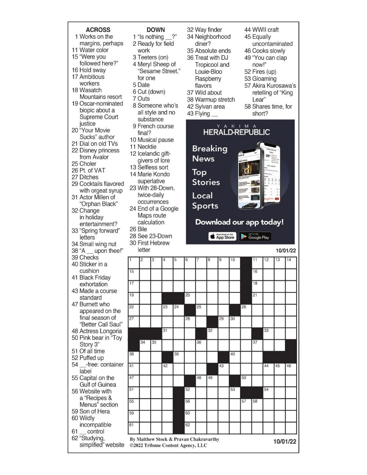 LA Times Crossword Oct 1 2022 Crosswords Yakimaherald