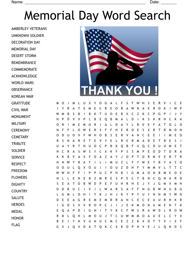 Memorial Day Worksheet WordMint