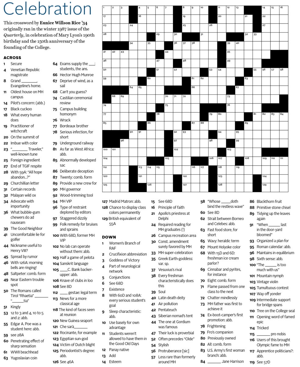 MHC Crossword Puzzle A Challenge For All Mount Holyoke Wonks 