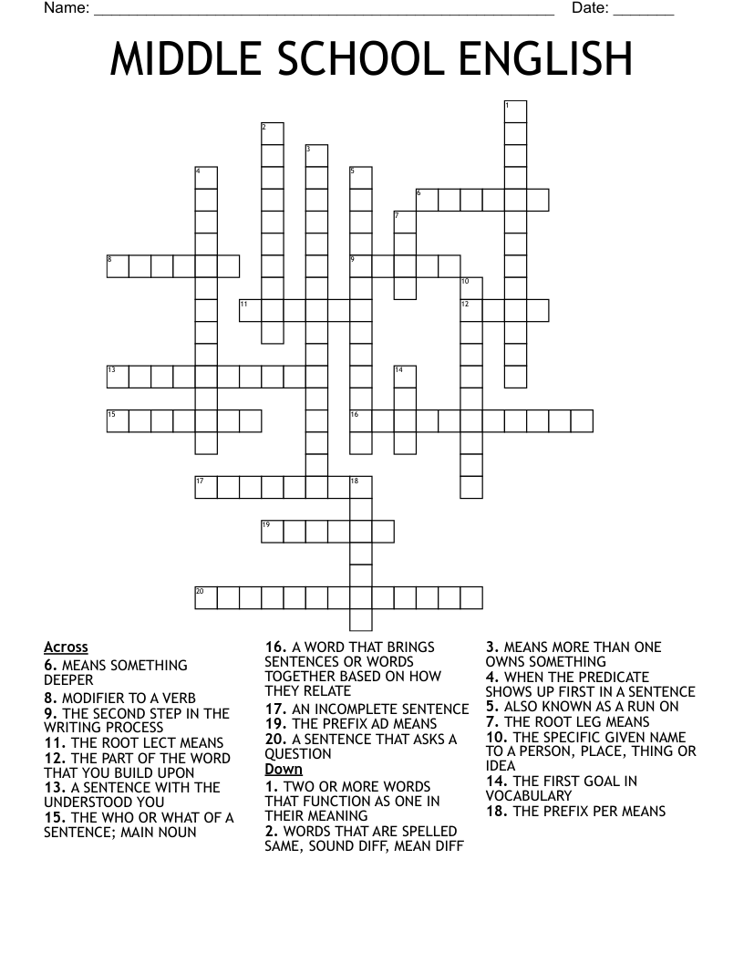 MIDDLE SCHOOL ENGLISH Crossword WordMint
