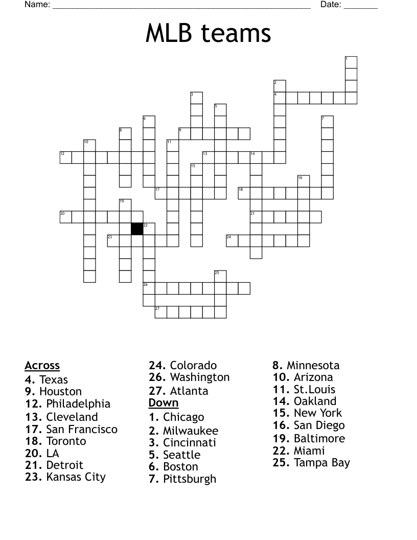 MLB Teams Crossword WordMint