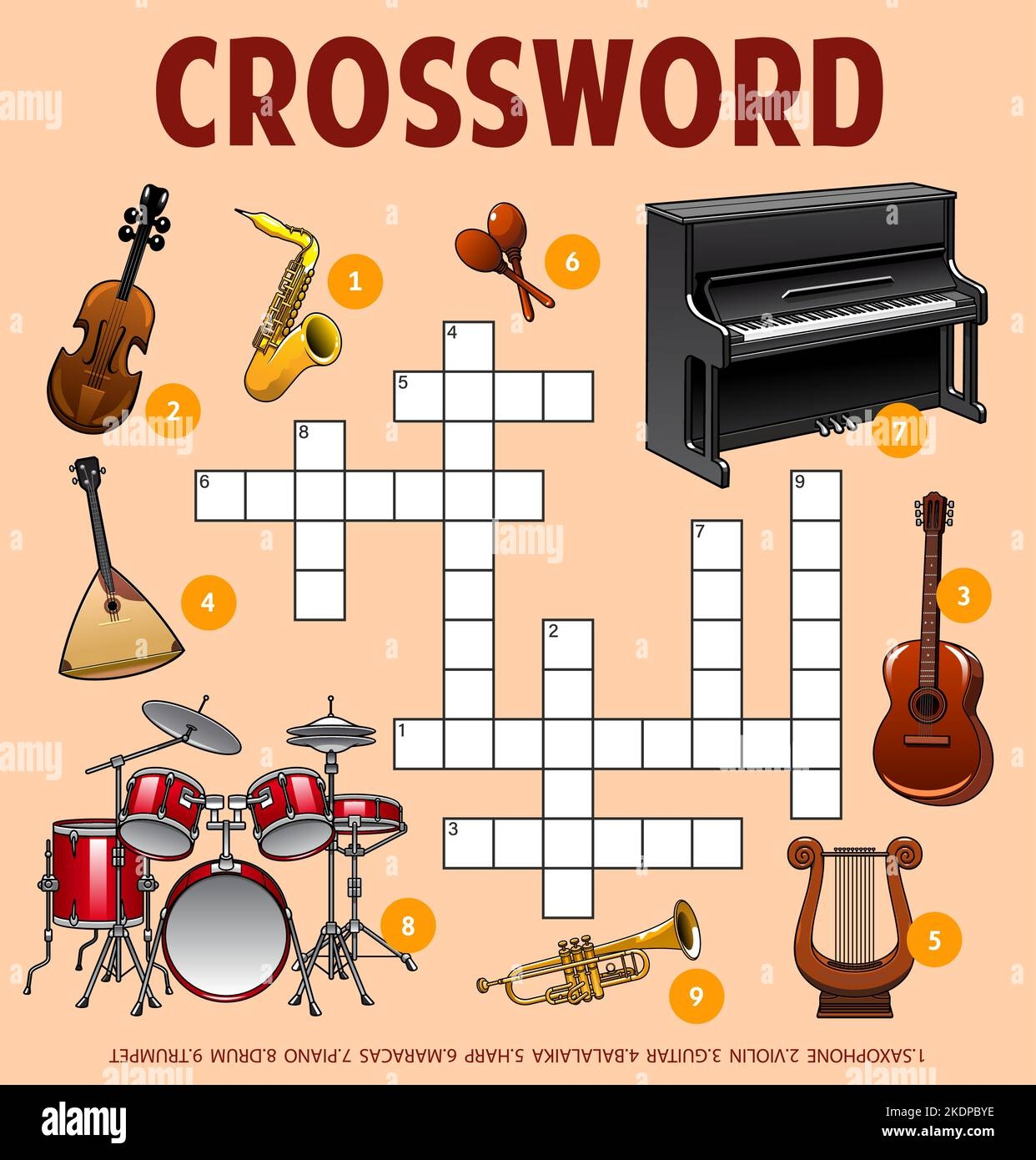 Musical Instruments Crossword Puzzle Worksheet Word Quiz Crossword Puzzle Vocabulary Vector Riddle With Violin Saxophone And Balalaika Drum Trumpet Lyre And Guitar Piano Maraca Instruments Stock Vector Image U0026 Art Alamy