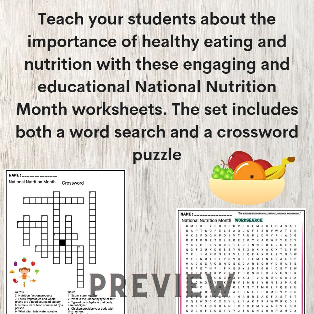 National Nutrition Month Worksheets Word Search And Crossword Puzzle