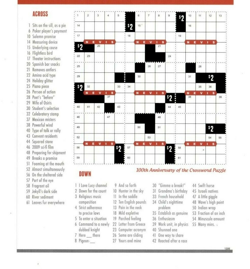 Nevis 2013 Crossword Puzzle 100th Anniversary Sheet Of 9 Stamps MNH
