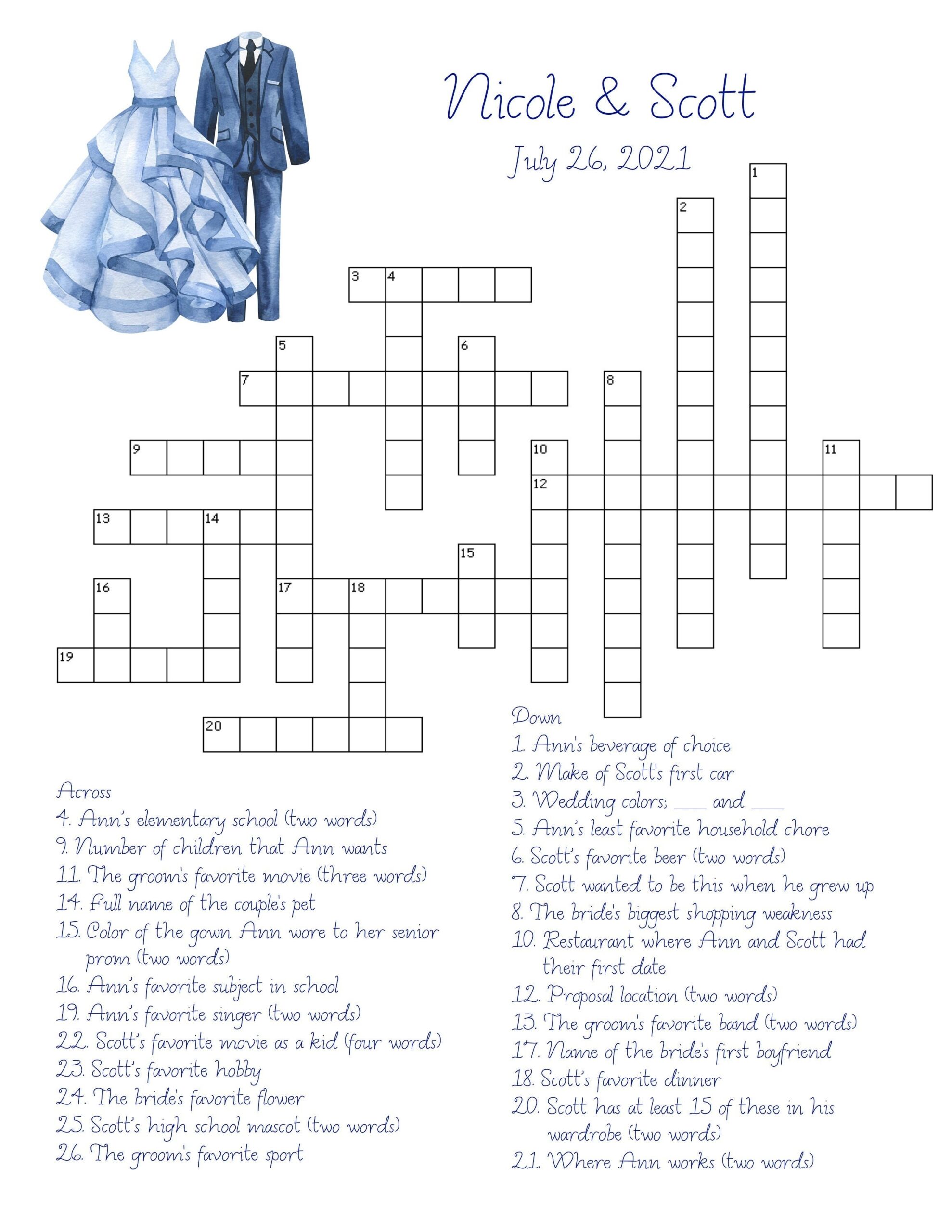 NEW Wedding Custom Crossword Puzzle Couple Perfect For Weddings Rehearsal Dinners And Showers