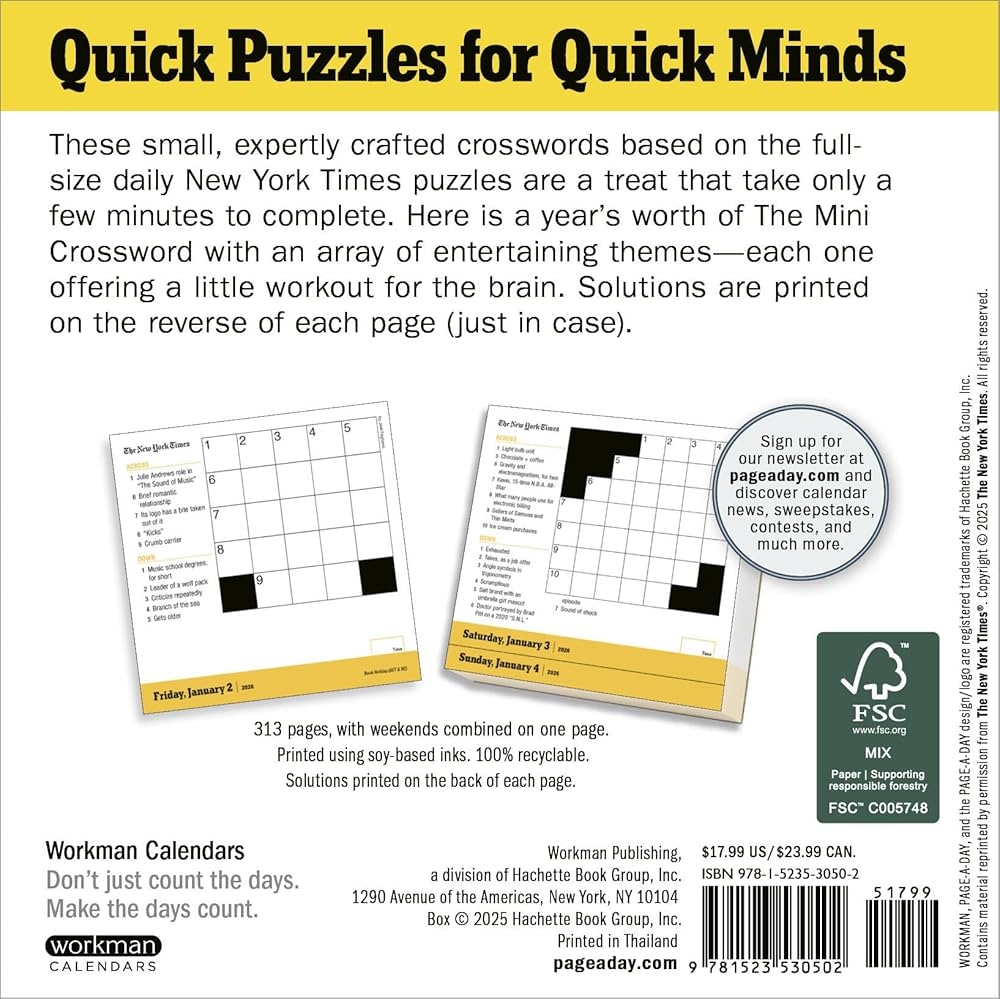 New York Times Mini Crossword Page A Day Calendar 2026 For Crossword Beginners And Puzzle Pros Workman Calendars Fagliano Joel 9781523530502 Amazon Books