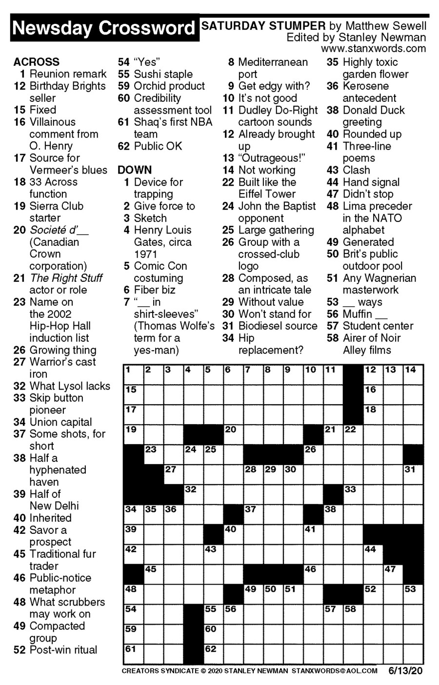 Newsday Crossword Puzzle For Jun 13 2020 By Stanley Newman 