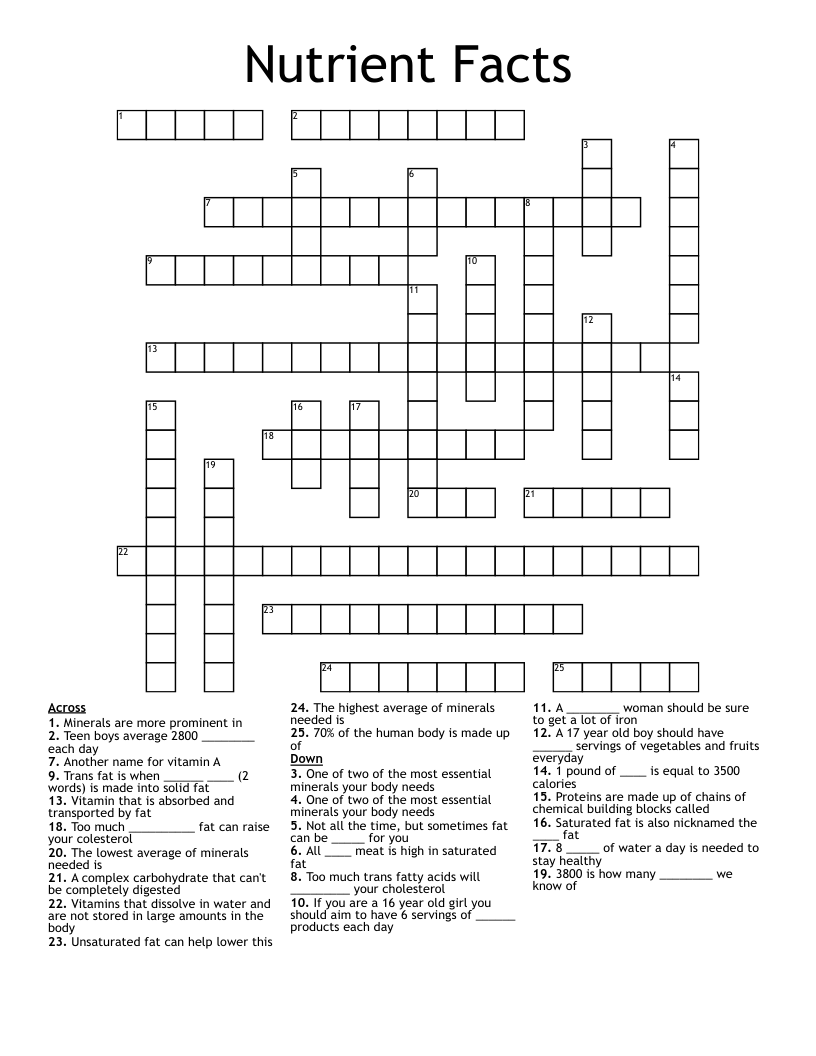 Nutrient Facts Crossword WordMint