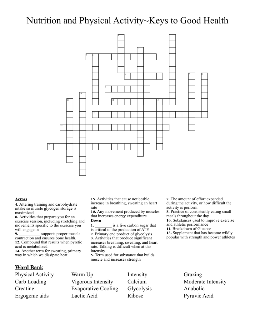 Nutrition And Physical Activity Keys To Good Health Crossword 