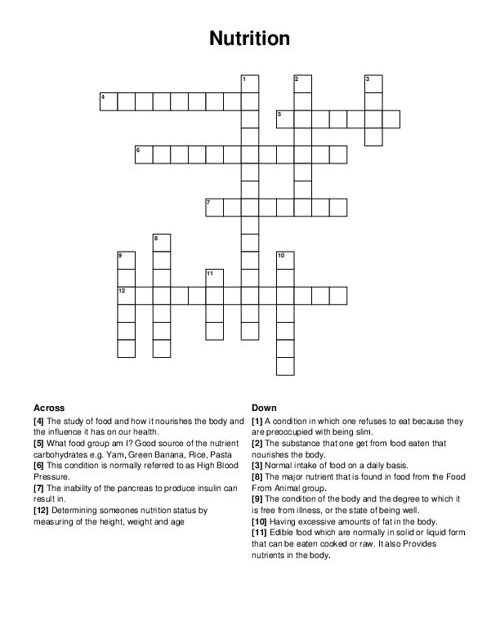 Nutrition Crossword Puzzle