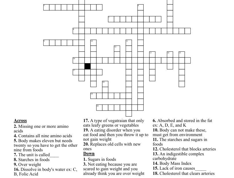 Nutrition Crossword Puzzle WordMint