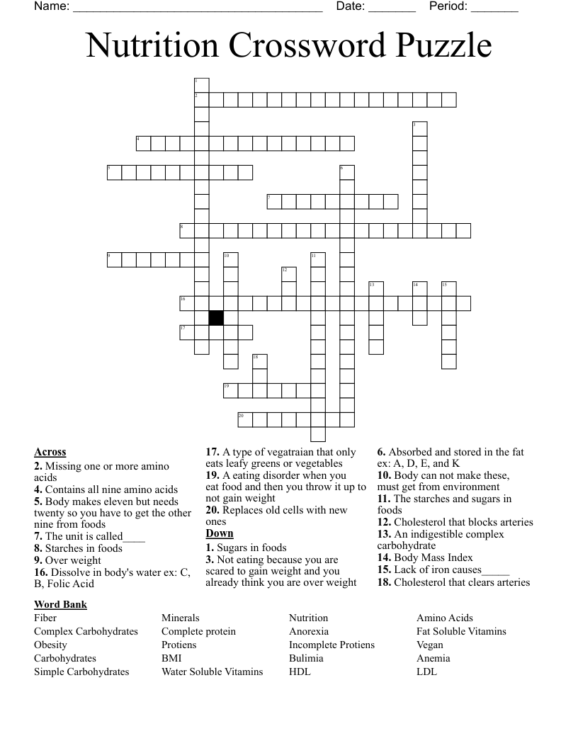 Nutrition Crossword Puzzle WordMint