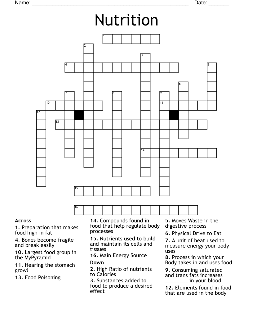 Nutrition Crossword WordMint