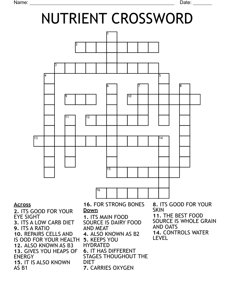 Nutrition Crossword WordMint