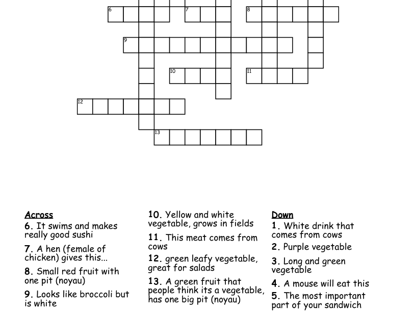 Nutrition Game Board Crossword WordMint