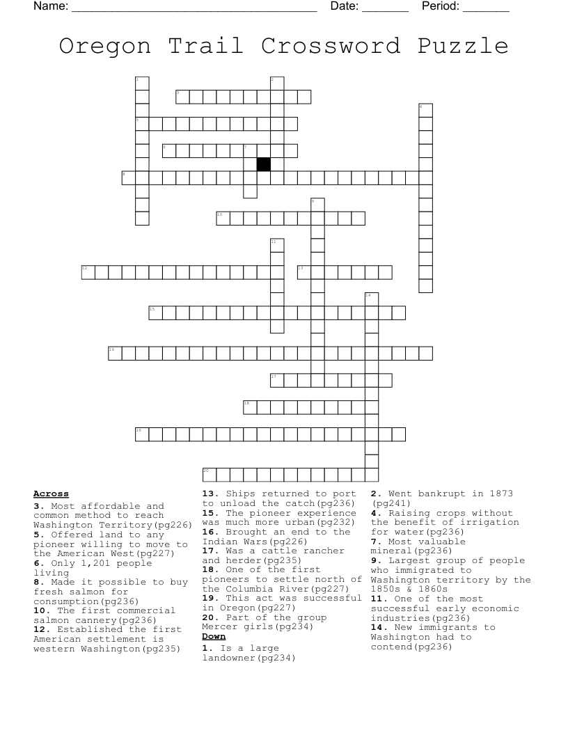 Oregon Trail Crossword Puzzle WordMint