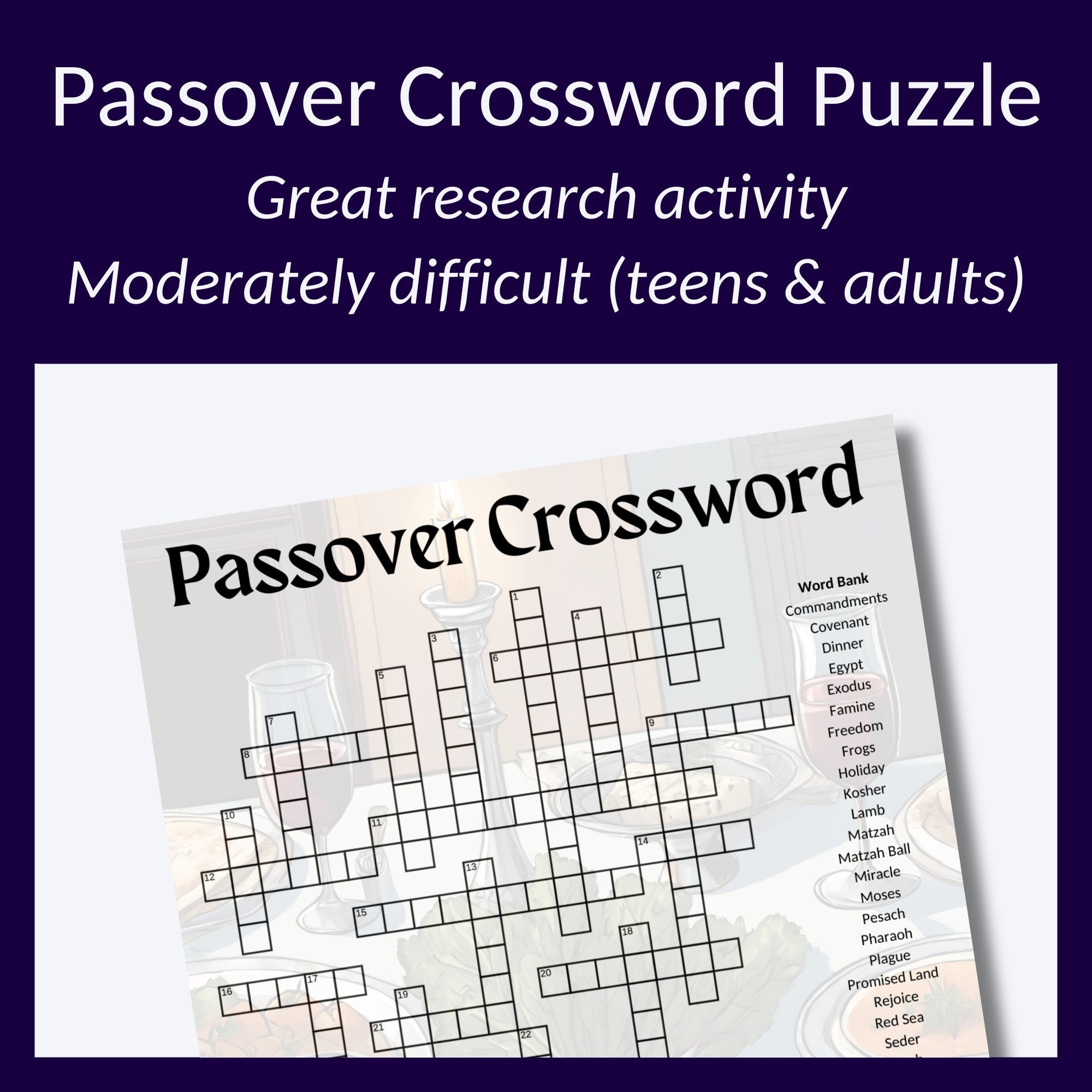 Passover Crossword Puzzle For Parties Or To Learn About Passover Great Cross Word Puzzle For Adults Or Students 10 Or Grade 4 Etsy