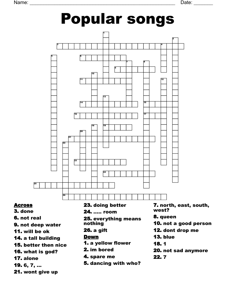 Popular Songs Crossword WordMint