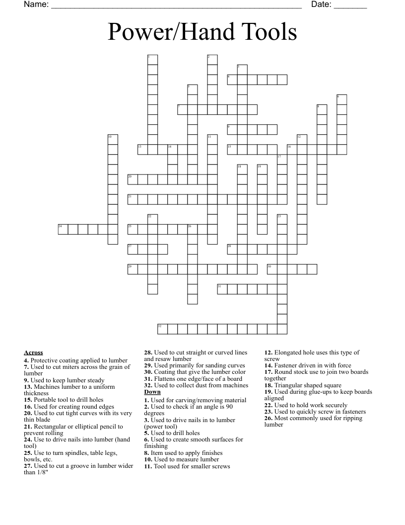 Power Hand Tools Crossword WordMint
