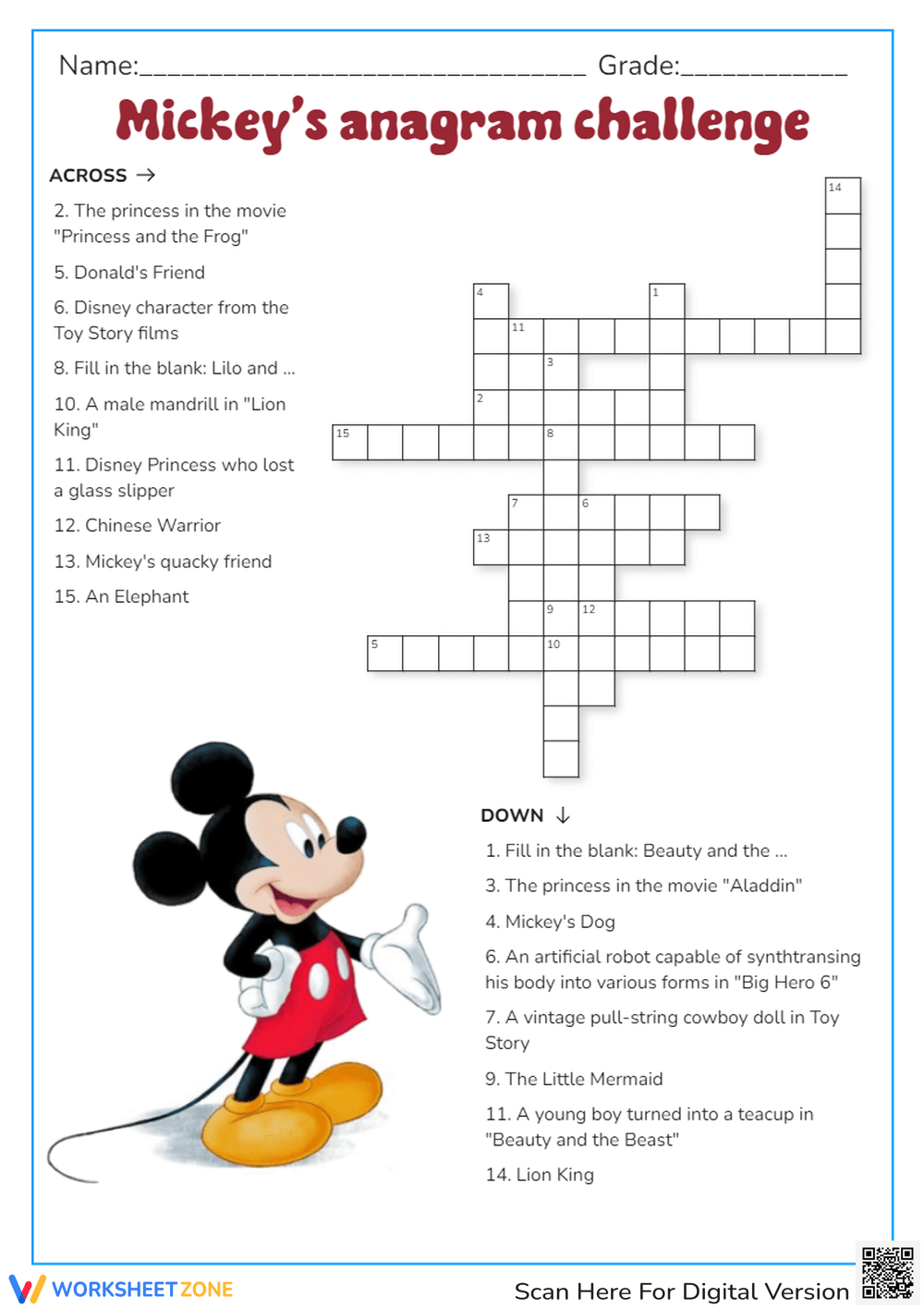Printable Grade 2 Disney Crossword Puzzles Worksheets