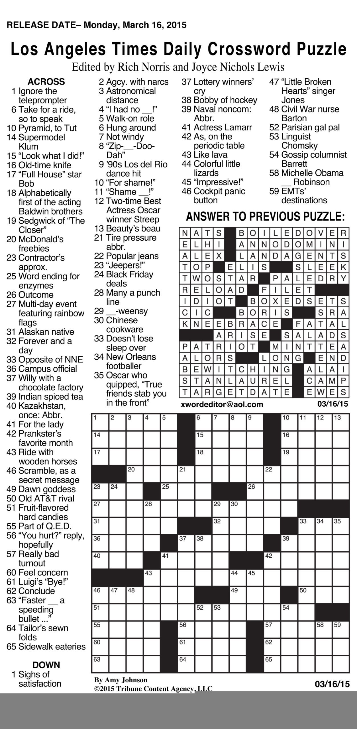 Printable La Times Crossword Puzzle Printable Templates