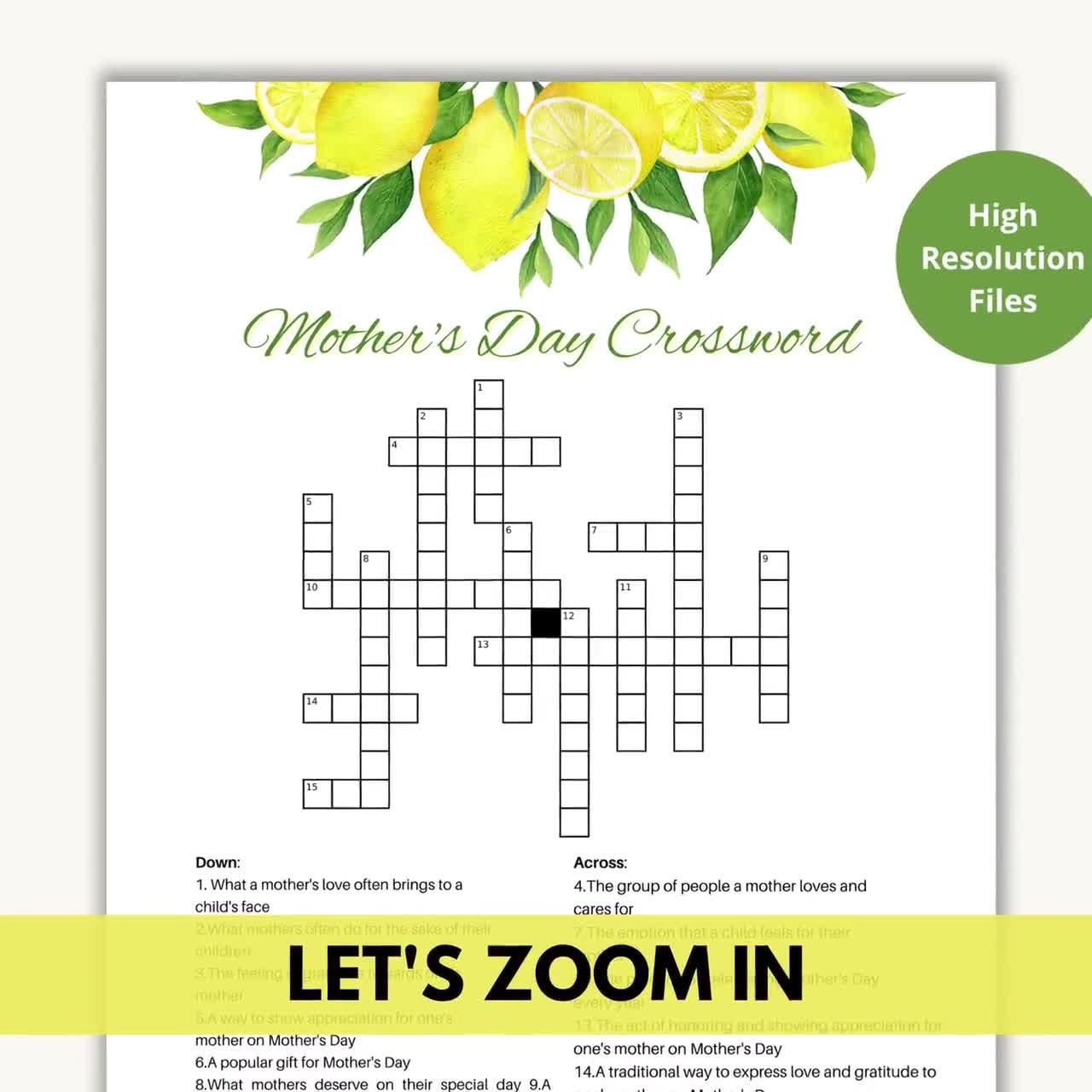 Printable Mother s Day Crossword Puzzle With Answers Test Your Knowledge Party Game Brunch Activity Lemon Themed Digital Challenge 