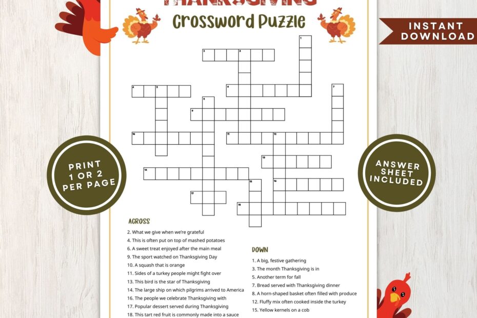 Printable Thanksgiving Crossword Puzzle For Kids And Adults Crossword Game For Thanksgiving Gatherings And Classrooms Instant Download Etsy
