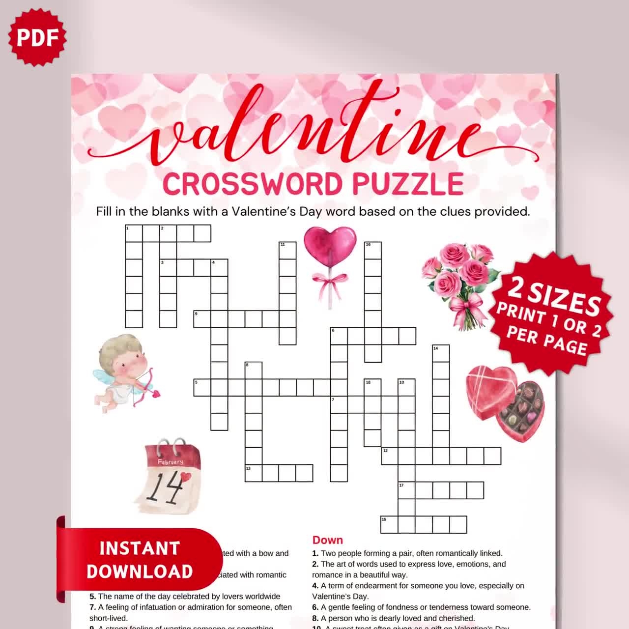 Printable Valentines Day Crossword Puzzle Valentine Party Game 